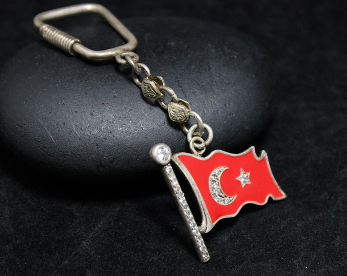Sterling Silver Turkish Flag Key Chain With Red Enamel and Cubic Zirconia, Turkey Flag Jewelry, Crescent Moon and Star Flag Key Ring