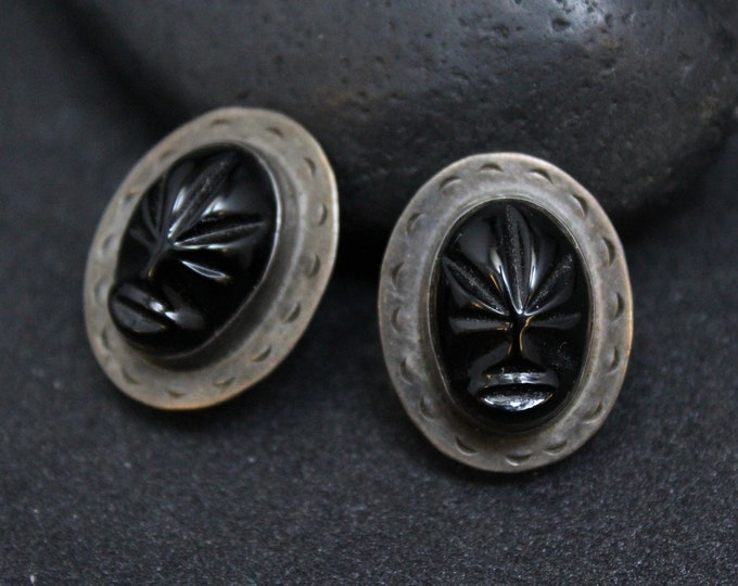 Sterling Silver Onyx Mask Screw Back Earrings, Mexican Screw Back Earrings, Earrings, Mask, Silver Carved Onyx Earrings
