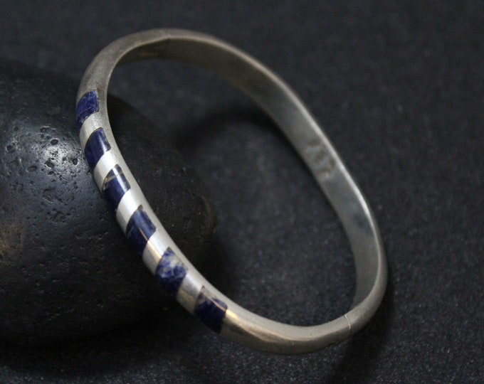 Heavy Sterling Silver Denim Lapis Hinged Taxco Bangle Bracelet, Lapis Inlay Bangle, Lapis Jewelry, Sterling Silver Lapis Bracelet