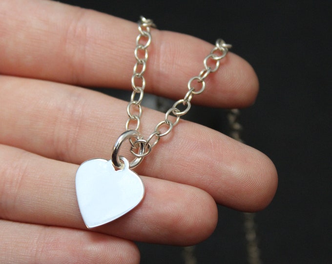 Sterling Silver Heart Necklace, Sterling Silver Heart Tag, Heart Tag Necklace, Sterling Silver Heart Jewelry, Trendy Sterling Heart Chain