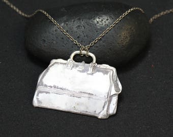 Unique Sterling Silver Suitcase Necklace, Sterling Luggage Necklace, Traveler Gift, Sterling Suitcase Pendant, Sterling Silver Bag Pendant