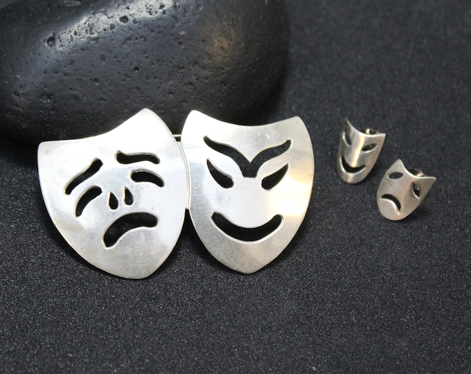 Sterling Silver Comedy and Tragedy Brooch and Earrings Jewelry Set, Drama Stud Earrings, Sterling Drama Brooch, Drama Pin, Drama Mask Studs