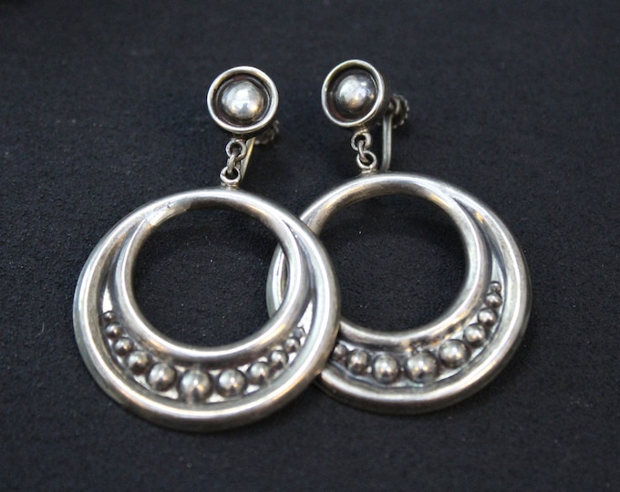 Sterling Silver Mexican Screw Back Dangle Hoop Earrings, Mexican Sterling Earrings, Old Mexico Earrings, Sterling Screw Back Earrings