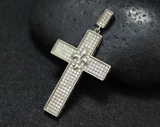 Sterling Silver and Pave CZ Cross Necklace with Fleur de Li, Cubic Zirconia Cross, Sterling Cross Pendnat, Religious Jewelry, Pave Cross