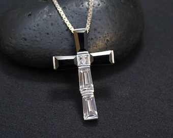Sterling Silver CZ Cross Necklace, CZ Cross Pendant, Sterling Silver Black and White Gemstone Cross Necklace, Big Cross Necklace