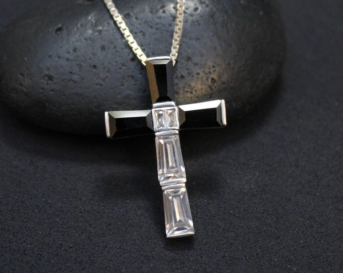 Sterling Silver CZ Cross Necklace, CZ Cross Pendant, Sterling Silver Black and White Gemstone Cross Necklace, Big Cross Necklace