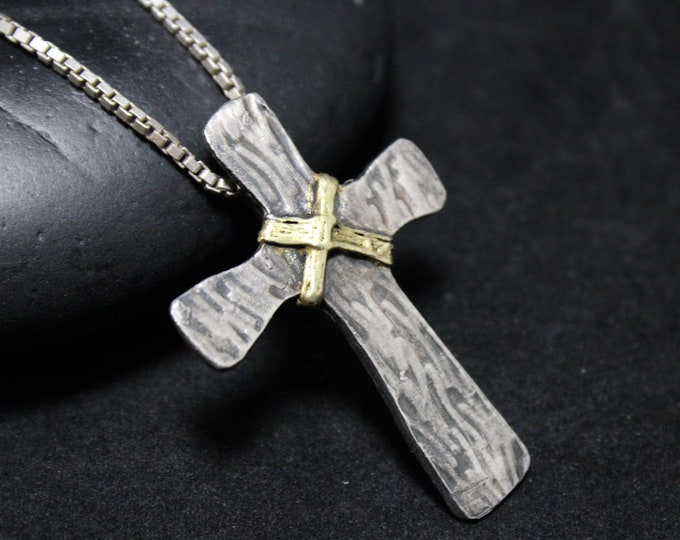 Sterling Silver and Gold Textured Cross, Sterling Silver Cross Pendant, Sterling Cross Necklace with Gold, Unique Cross Jewelry