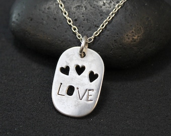 Sterling Silver Love Cut Out Necklace, Love Jewelry, Sterling Love Pendant, Cut Out Pendant, Sterling Silver Dog Tag Necklace