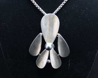 Sterling Silver Statement Teardrop Pendant With Iridescent Center Ball And Sterling Silver Box Chain Necklace