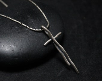 Sterling Silver Modern Simple Cross Necklace 17 Inches, Sterling Cross Pendant, Modernist Cross, Unique Cross Pendant, Sterling Wire Cross