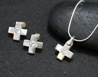 Sterling Silver  CZ Cross Jewelry Set, Cross Stud Earrings, Sterling CZ Necklace and Earring Set, Criss Cross Earrings, Criss Cross Necklace