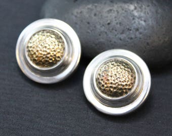 Sterling Silver Two Tone Button Earrings (AS IS), Italian Sterling Two Tone Earrings, Sterling Button Earrings, Hammered Sterling Earrings