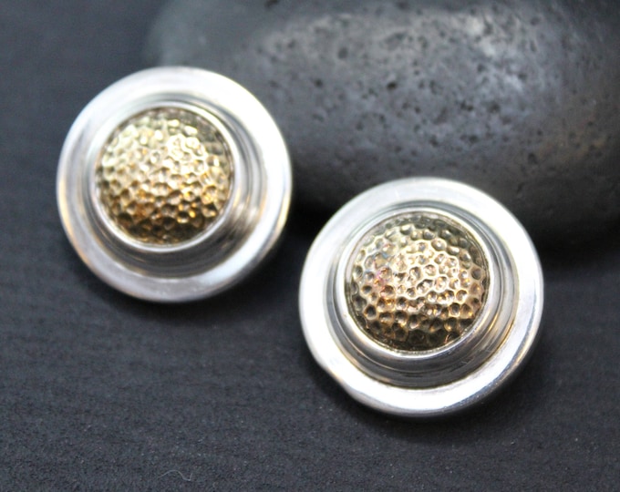 Sterling Silver Two Tone Button Earrings (AS IS), Italian Sterling Two Tone Earrings, Sterling Button Earrings, Hammered Sterling Earrings