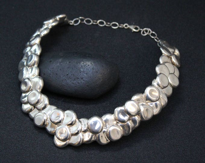 Sterling Silver Hollow Pebble Collar Necklace, Sterling Silver Statement Necklace, Unique Sterling Bib Necklace, Textured Sterling Necklace