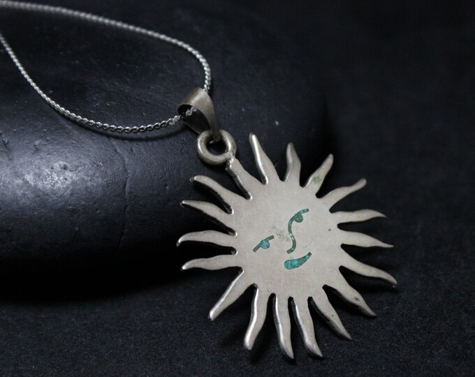 Sterling Silver TAXCO Sun Face Pendant With Crushed Turquoise Inlay On 16 Inch Chain, Modern Silver Sun, Vintage Sun Jewelry, Vintage Taxco