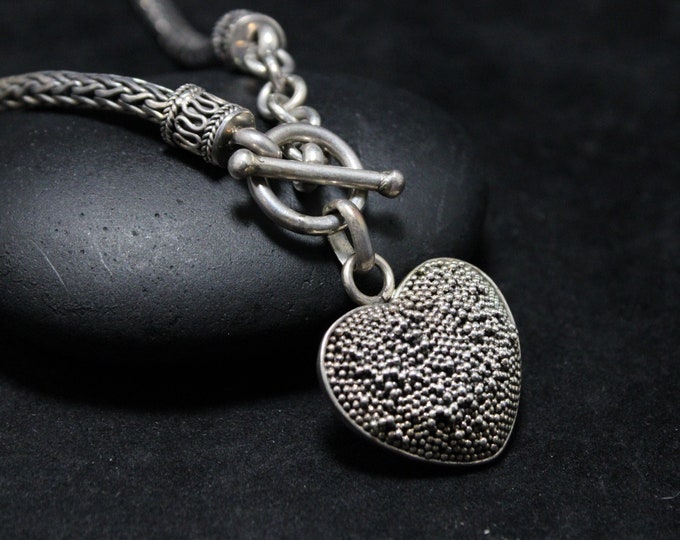 Valentine's Day Unique Heavy Sterling Silver Balinese Toggle Necklace With Granulated Heart Pendant, Heavy Statement Necklace, Silver Heart