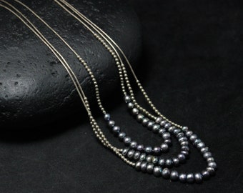 Sterling Silver Liquid Silver Multi Strand Graduated Necklace With Grey Freshwater Pearls, Liquid Silver Necklace, Sterling Pearl Necklace