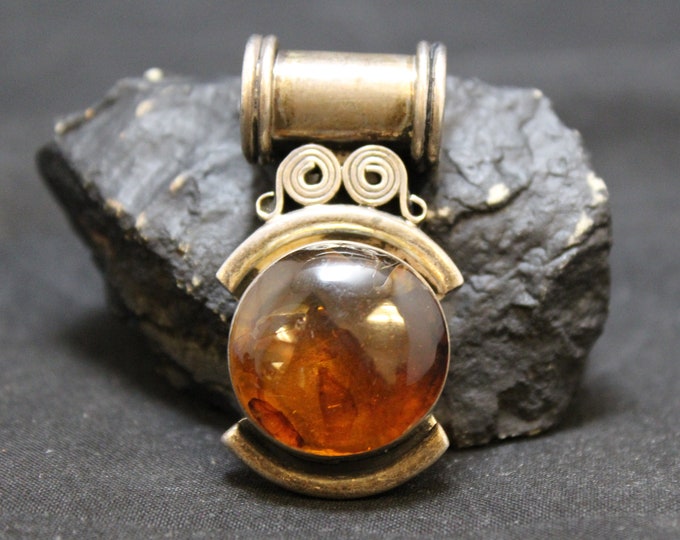 Unique Sterling Silver and Amber Slider Pendant, Vintage Amber Sliding Pendant, Unique Vintage Sterling Silver Pendant with Round Piece of A