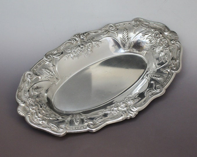 Oval Sterling Silver Floral Repousse Wheat Design Tray, Sterling Repousse Sterling Tray, Floral Sterling Silver Tray, Oval Sterling Tray