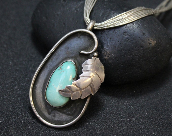 Sterling Silver and Turquoise Leaf Statement Necklace, Leaf Necklace, Sterling Turquoise Necklace