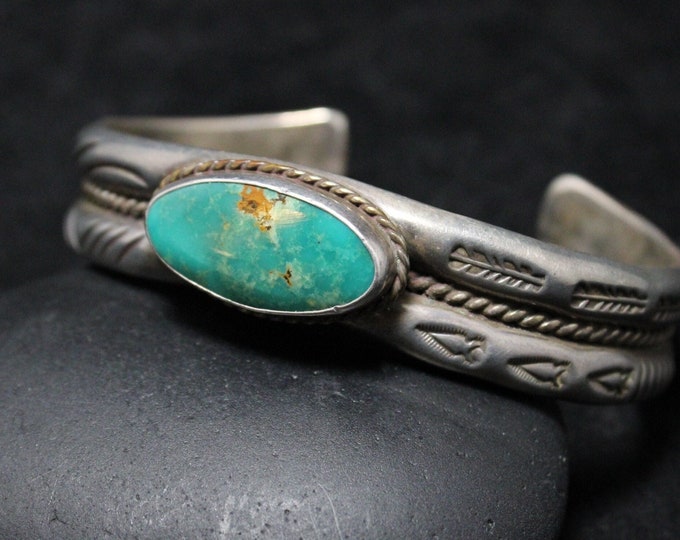 Sterling Silver Signed AJ Platero Turquoise Stamped Heavy Cuff Bracelet, Jewelry, Vintage Natural Turquoise Cuff Bracelet