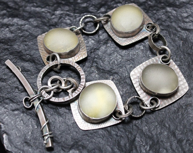 Artisan Sterling Silver White Beach Glass Textured Square Link Bracelet with Toggle Clasp, White Sea Glass Bracelet, Funky Sea Glass Jewelry
