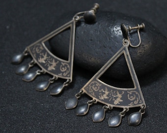 Sterling Silver Siamese Screw Back Dangle Earrings, Large Siamese Earrings, Big Niello Earrings, Sterling Silver Dangle Niello Earrings