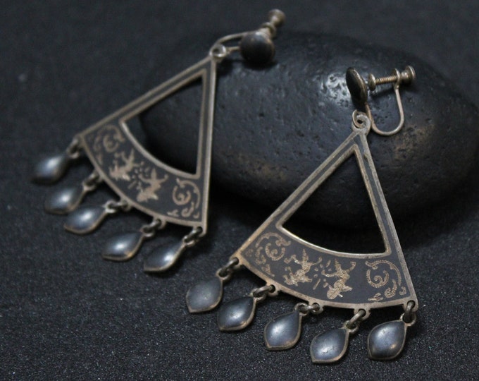 Sterling Silver Siamese Screw Back Dangle Earrings, Large Siamese Earrings, Big Niello Earrings, Sterling Silver Dangle Niello Earrings