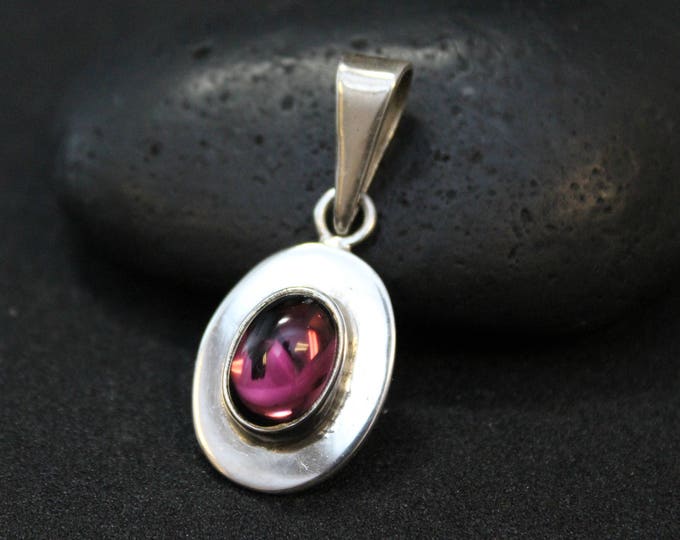 Sterling Silver Purple Gemstone Pendant, Purple Glass Gemstone Pendant, Modernist Sterling Silver Oval Pendant, Modern Sterling Gemstone