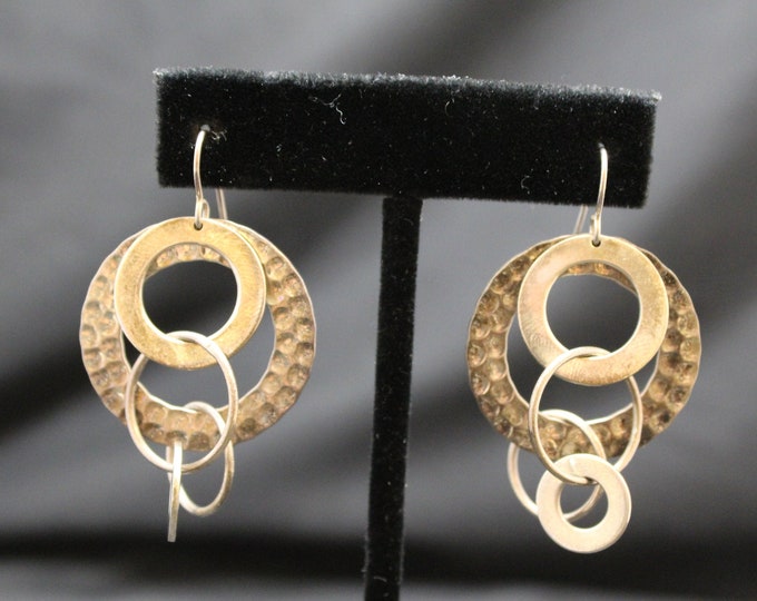 Sterling Silver Modernist Varying Size Multi-hoop Textured Dangle Earrings