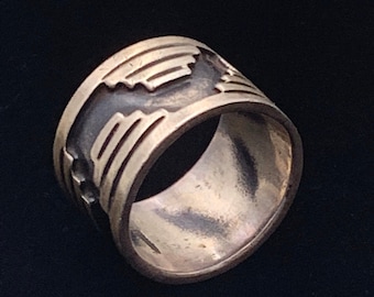 Wide Silver Band, Oxidized Sterling Cigar Band, 925 Geometric Band Ring, Size 8.75 Silver and Black Unisex Ring