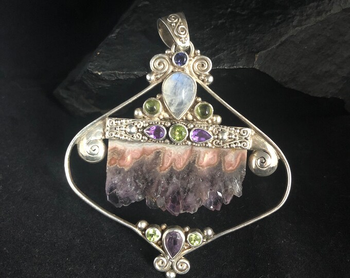 Large Sterling Silver Raw Amethyst Crystal and Gemstone Pendant, Sajen Sterling Silver Statement Pendant with Raw Amethyst and Gemstones