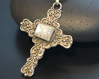 Sterling Silver Cross with Moonstone Necklace on Sterling Silver 24 Inch Rope Chain, Sterling Silver with Scroll and Ball Design Cross