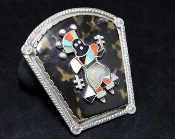 Vintage Crown Dancer Turquoise Coral Tortoise Abalone Shell Inlay Pin Pendant , Large Southwestern Pin, Shell Pin, Old Pawn American Jewelry