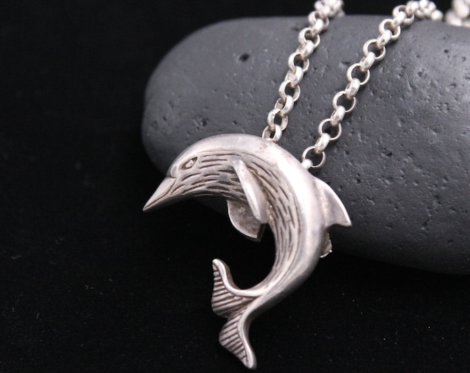 925 Dolphin Necklace, Vintage Sterling Dolphin Pendant on Sterling Necklace, Silver Vintage Taxco Dolphin Pin / Pendant On Rolo Link Chain