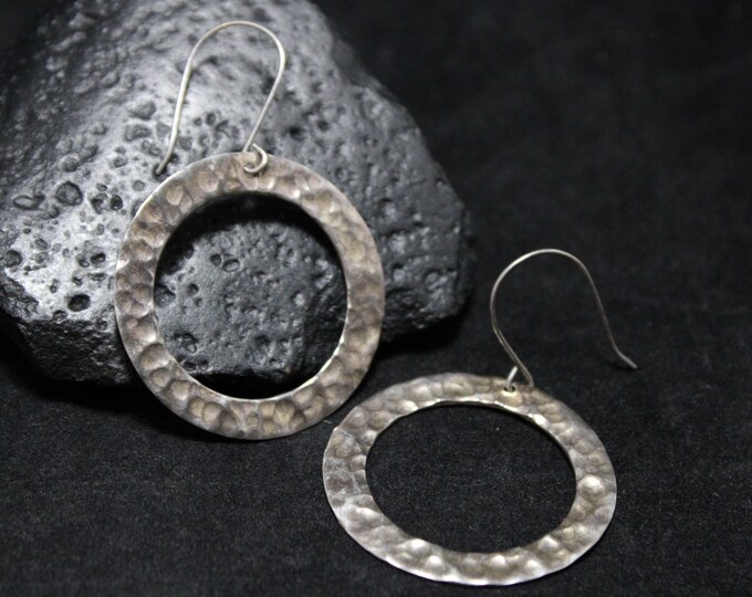 Sterling Silver Textured Dangle Hoop Earrings, Hammered Sterling Silver Jewelry, Modernist Hoop Earrings, Modern Sterling Hoop Earrings