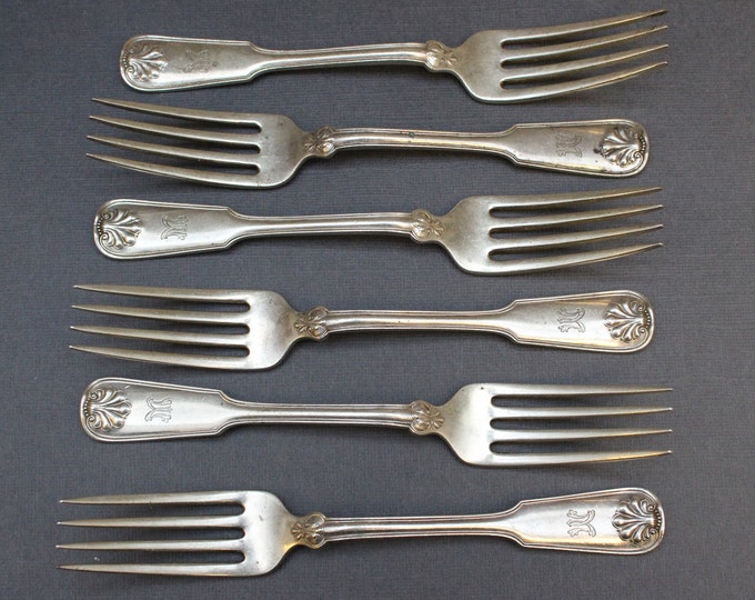 Set of 6 Sterling Silver Tiffany & Co Shell and Thread Forks with M Monogram, Tiffany Shell and Thread Flatware, Tiffany Shell Dinner Fork