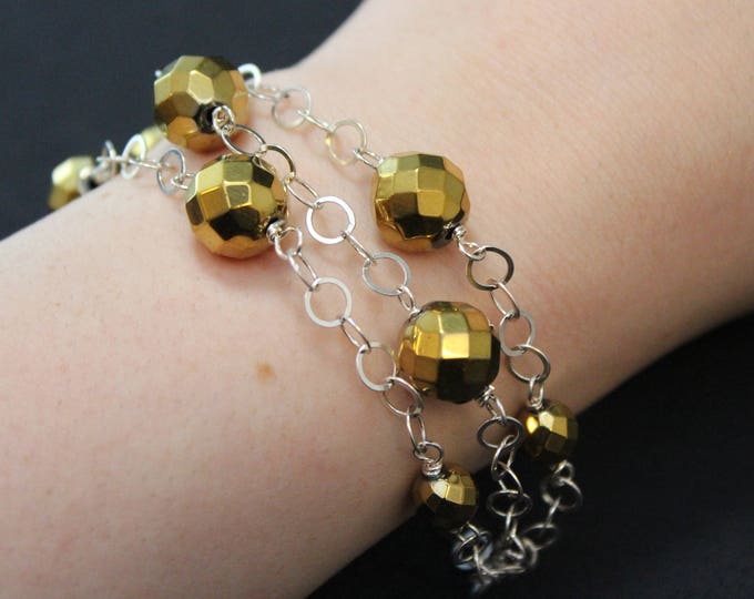 Sterling Silver Two Tone Triple Strand Beaded Bracelet, Gold and Silver Jewelry, Faceted Beads, Sterling Beaded Link Bracelet