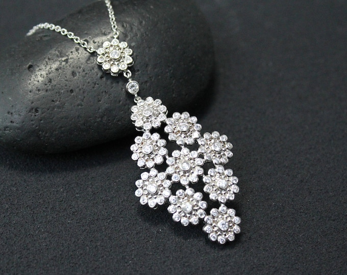 Sterling Silver CZ Flower Cluster Necklace, Sterling Daisy Necklace, Floral Gemstone Jewelry, Sterling Flower Cluster Necklace wtih Gems