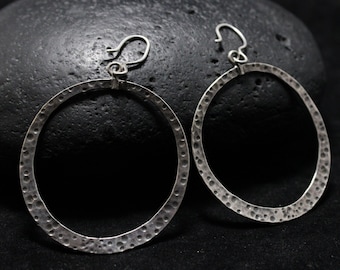 Solid Sterling Silver Dangle Hoop Earrings, Hammered Sterling Silver Jewelry, Modernist Hoop Earrings, Modern Sterling Dangle Hoop Earrings