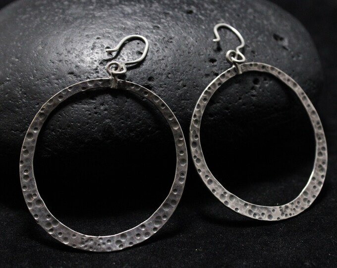 Solid Sterling Silver Dangle Hoop Earrings, Hammered Sterling Silver Jewelry, Modernist Hoop Earrings, Modern Sterling Dangle Hoop Earrings