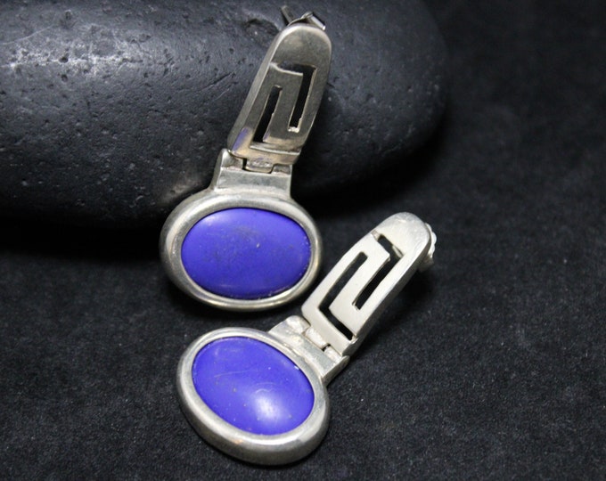 Sterling Silver Mid Century Oval Lapis Hinged Earrings, Sterling Lapis Jewelry, Sterling Silver Lapis Earrings, Mid Century Modern Sterling