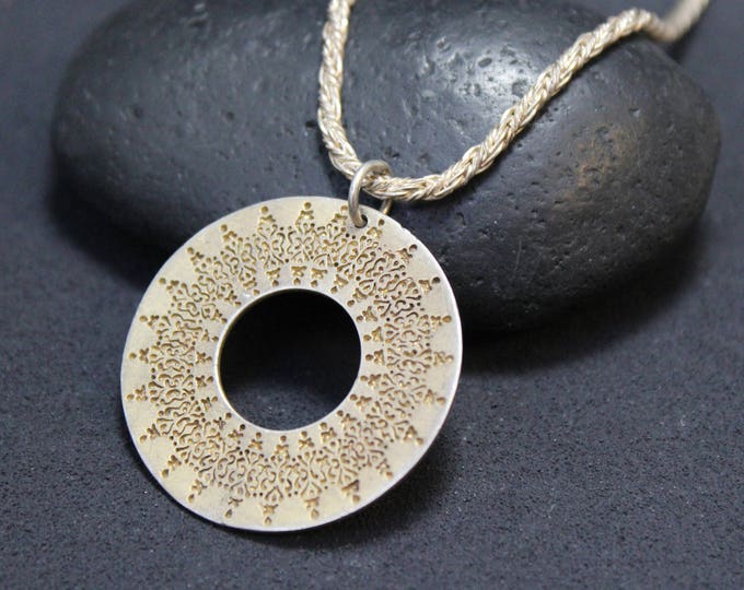 Sterling Silver Antique Look Open Circle Disk Necklace, Antique Gold Wash Sterling Silver Disk Pendant, Sterling Silver Mandala Necklace