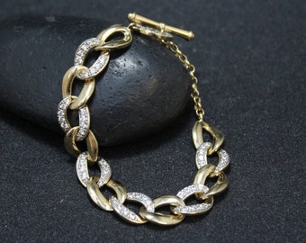 Sterling Silver Yellow Gold Overlay CZ Curb Link Bracelet, Gemstone Curb Bracelet, Gold Curb Link Bracelet, Trendy Sterling Bracelet