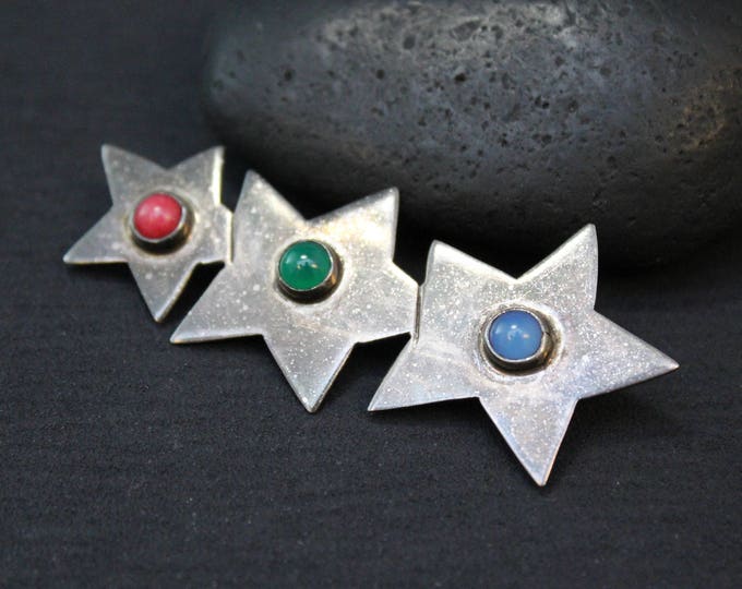 Sterling Silver TAXCO Three Star Gemstone Brooch, Sterling Taxco Pin, Mexico Sterling Silver Star Pin, Sterling Silver Star Brooch