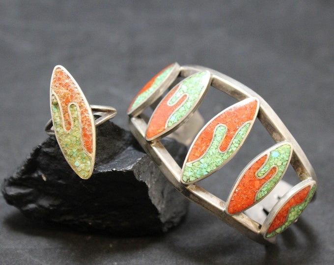 Watermelon Crushed Turquoise and Crush Coral Sterling Silver Cuff and Statement Ring