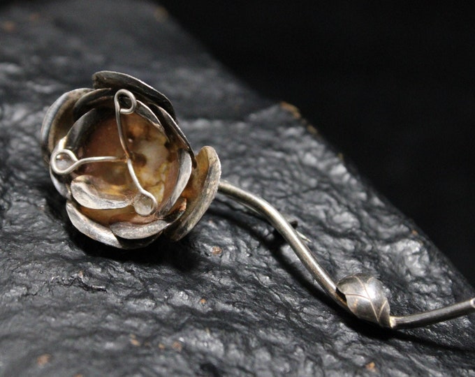 Vintage Sterling Silver Rose Flower Brooch Pin, Silver Flower Brooch, Rose Pin, Silver Floral Brooch Pin