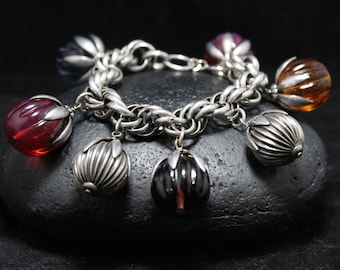 Sterling Silver Twisted Chainmail Bracelet with Multi-Colored & Silver Dangling Beads, Thick Sterling Silver Statement Chain Link Bracelet