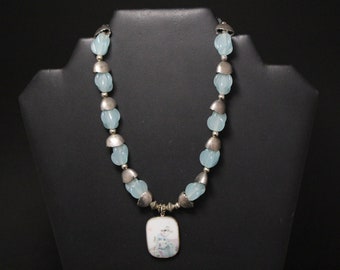 Sterling Silver Asian Pottery Pendant with Gemstone Beads, Asian Beaded Necklace, Chinese Pottery Jewelry, Chinese Pottery Necklace