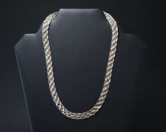 Sterling Silver Multicolored Woven Italian Necklace, Sterling Silver Flat Link Braided Chain, Multicolored Sterling Silver Italian Necklace